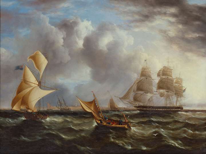Frigate entering Portsmouth with a Customs Officer intercepting a small craft